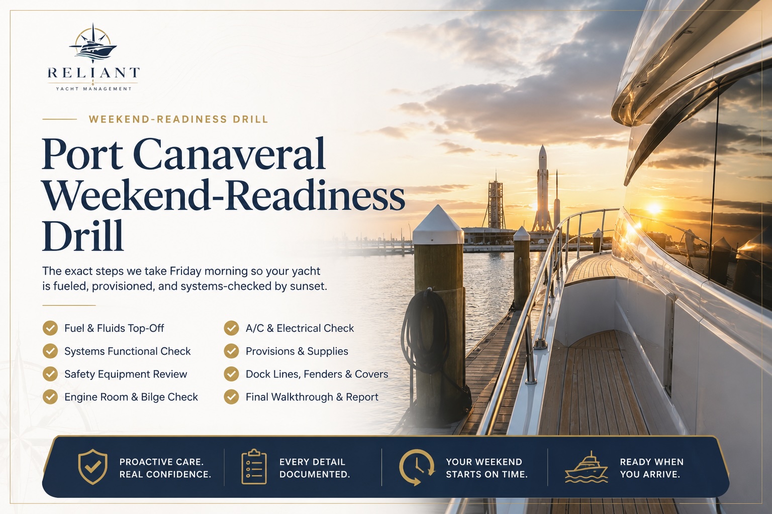 Port Canaveral weekend-readiness drill: the exact steps we take Friday morning so your yacht is fueled, provisioned, and systems-checked by sunset